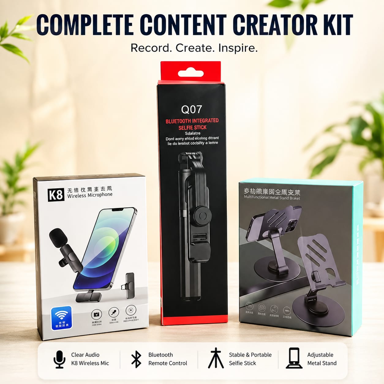 Content Creator Combo –K8 Wireless Microphone  Type-C + LED Selfie Stick + Mobile Stand