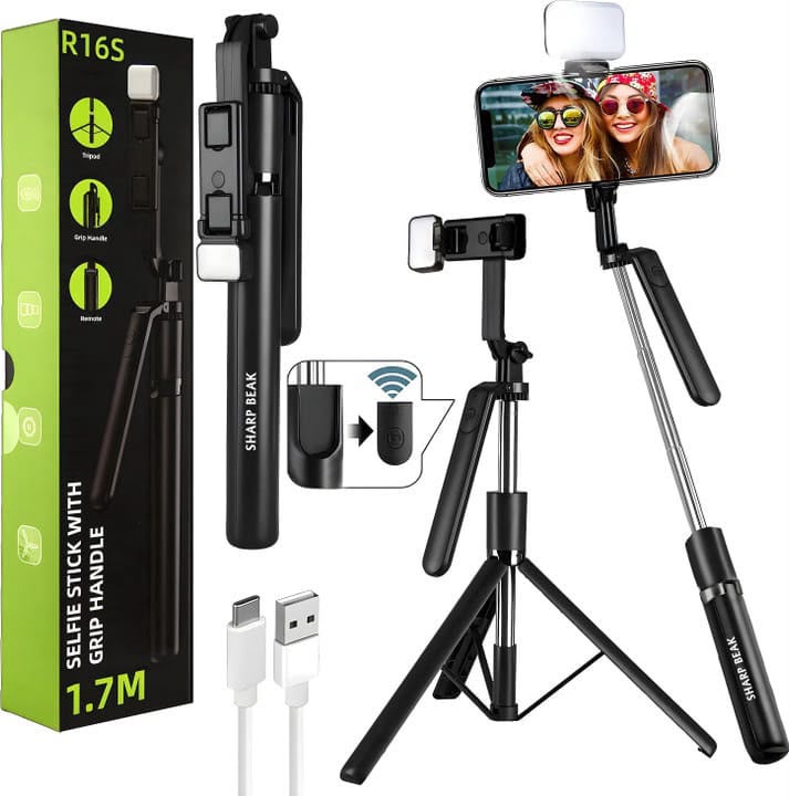R16s Wireless Bluetooth Selfie Stick & Tripod with LED Fill Light – 360° Rotation Portable Phone Stand