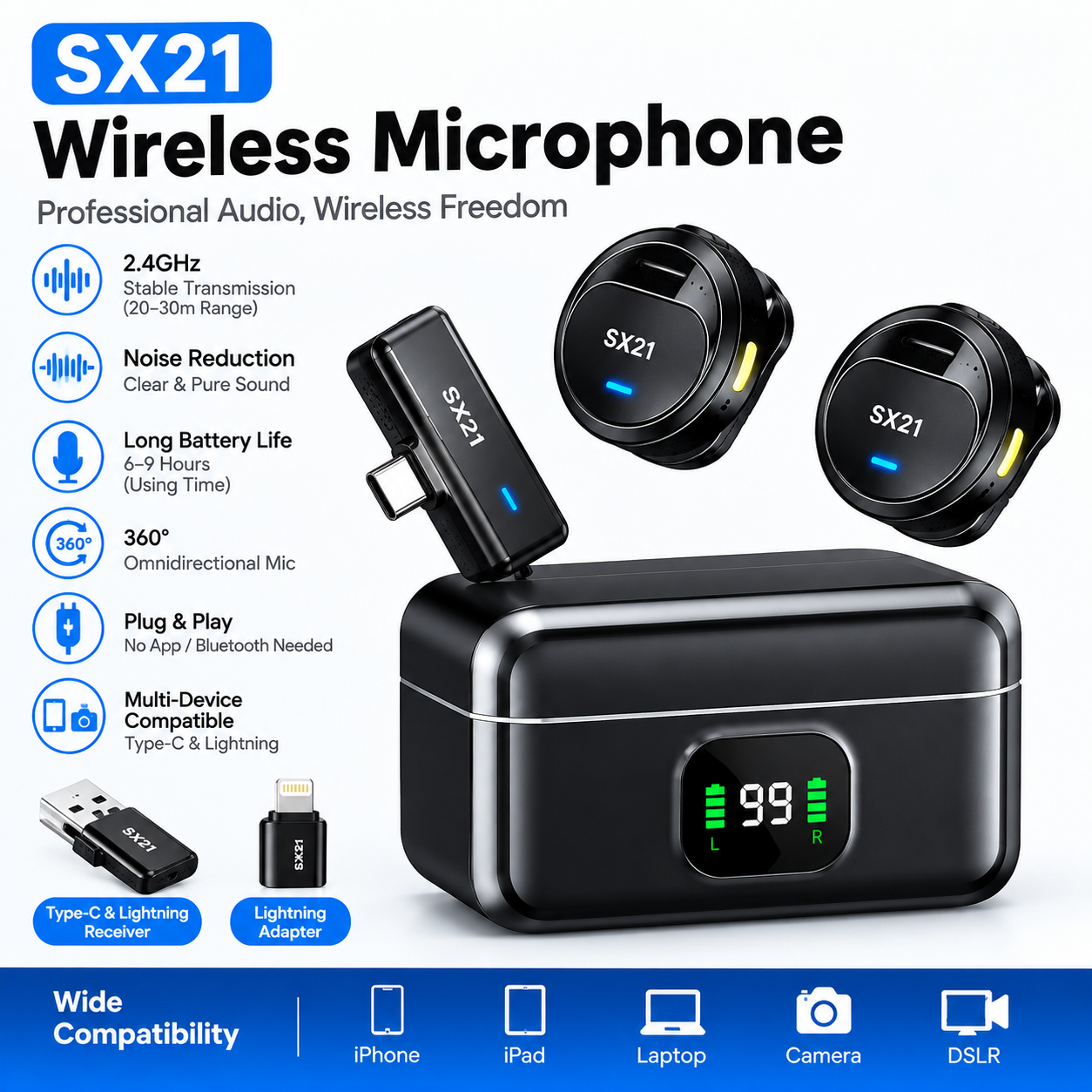 SX21 Wireless Microphone | Dual Mic 2.4GHz Noise Reduction