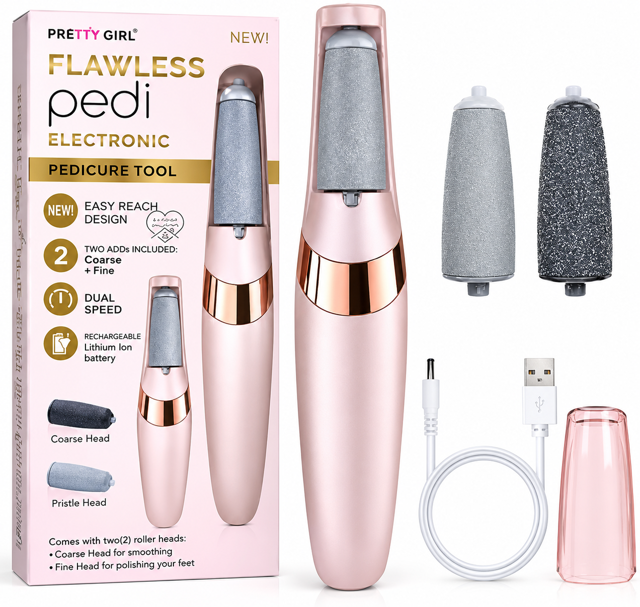 Pretty Girl Electronic Pedicure Tool – Rechargeable Electric Foot File with 2 Roller Heads