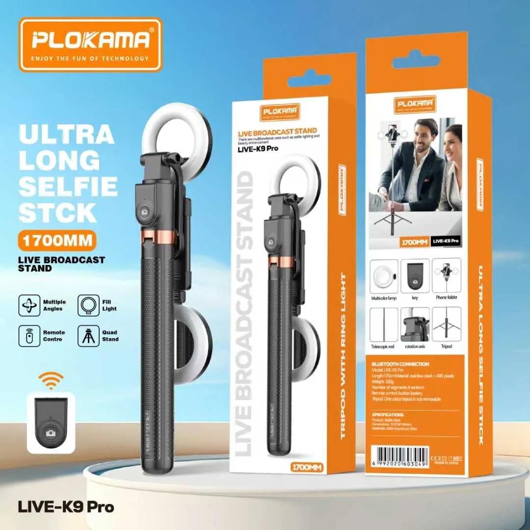 PLOKAMA LIVE-K9 Pro 1700mm Selfie Stick Tripod with Ring Light