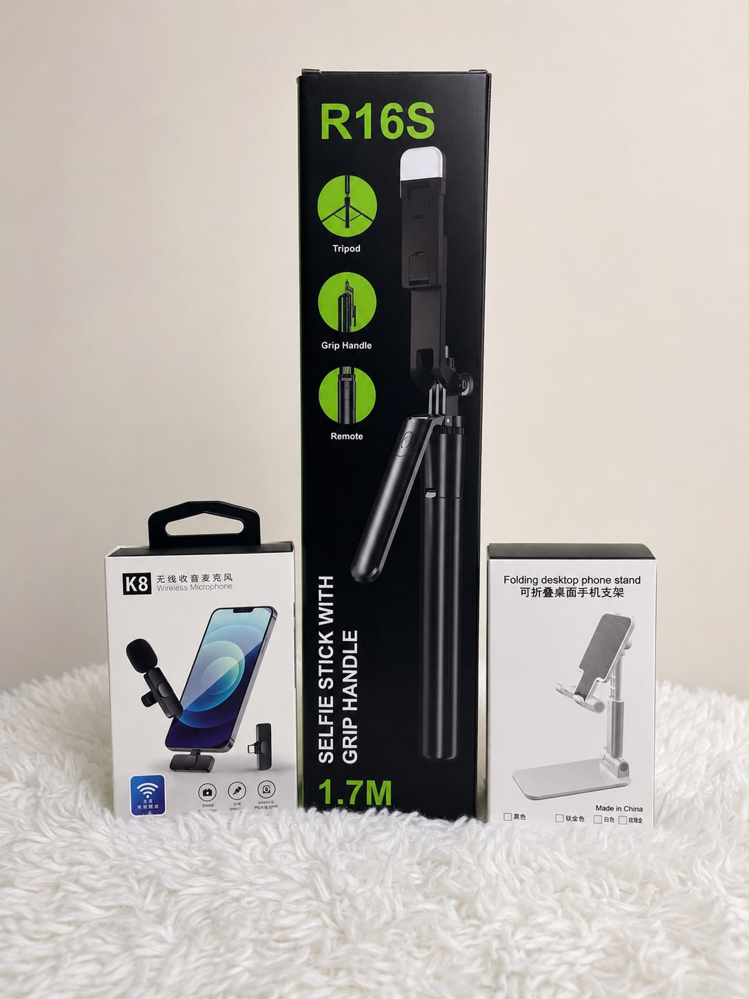 Premium Content Creator Combo – 5.5ft Selfie Stick + K8 Wireless Microphone + Mobile Stand | All-in-One Professional Vlogging Kit