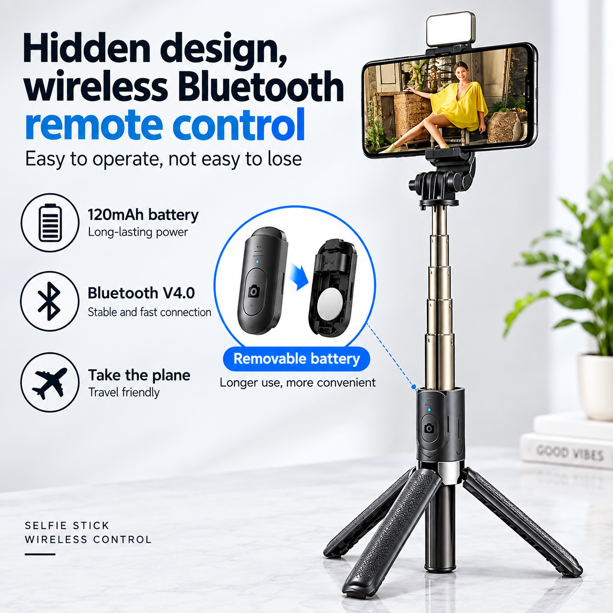 Q07 Bluetooth Integrated Selfie Stick & Tripod | 360° Rotation with 3-Color LED Light