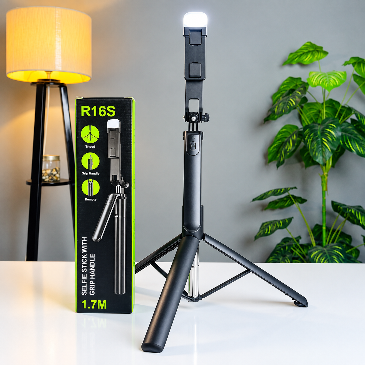 R16s Wireless Bluetooth Selfie Stick & Tripod with LED Fill Light – 360° Rotation Portable Phone Stand