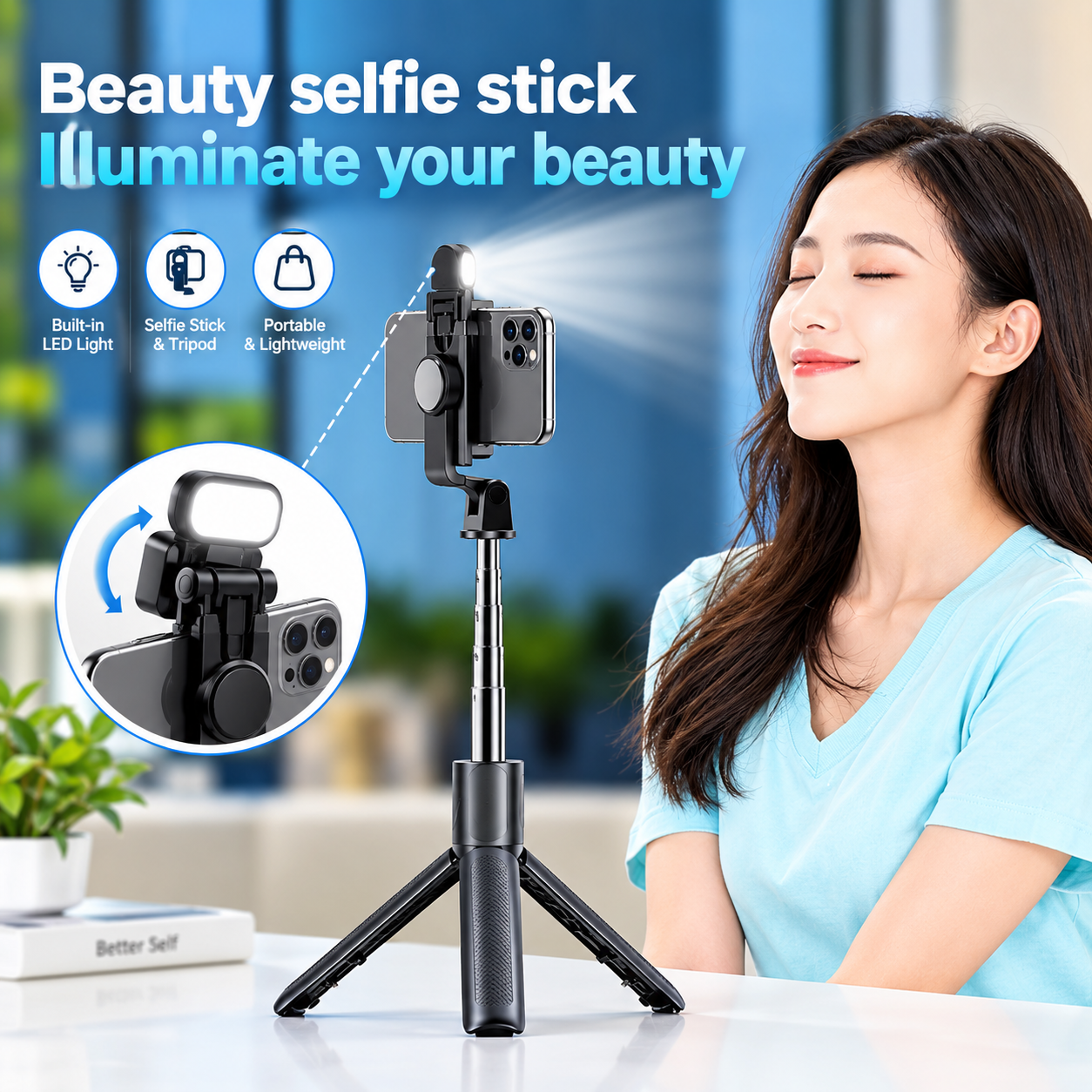 Q07 Bluetooth Integrated Selfie Stick & Tripod | 360° Rotation with 3-Color LED Light
