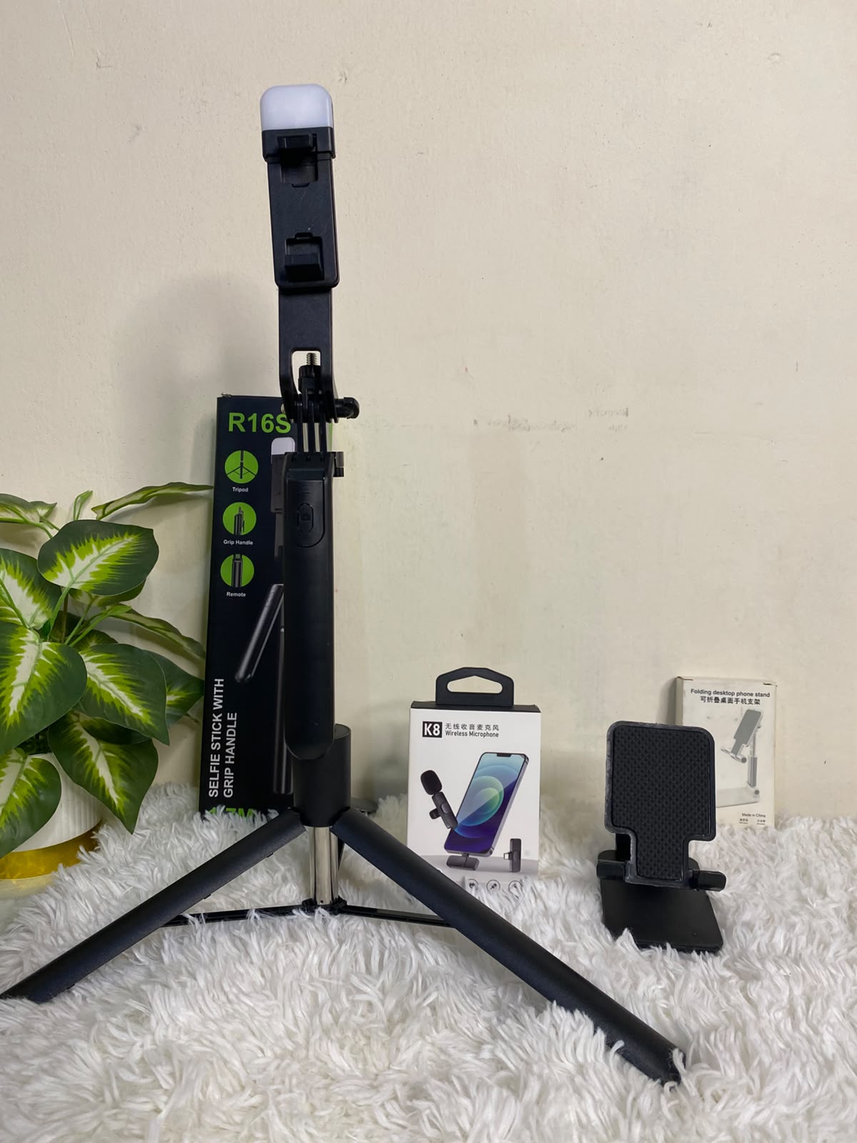 Premium Content Creator Combo – 5.5ft Selfie Stick + K8 Wireless Microphone + Mobile Stand | All-in-One Professional Vlogging Kit